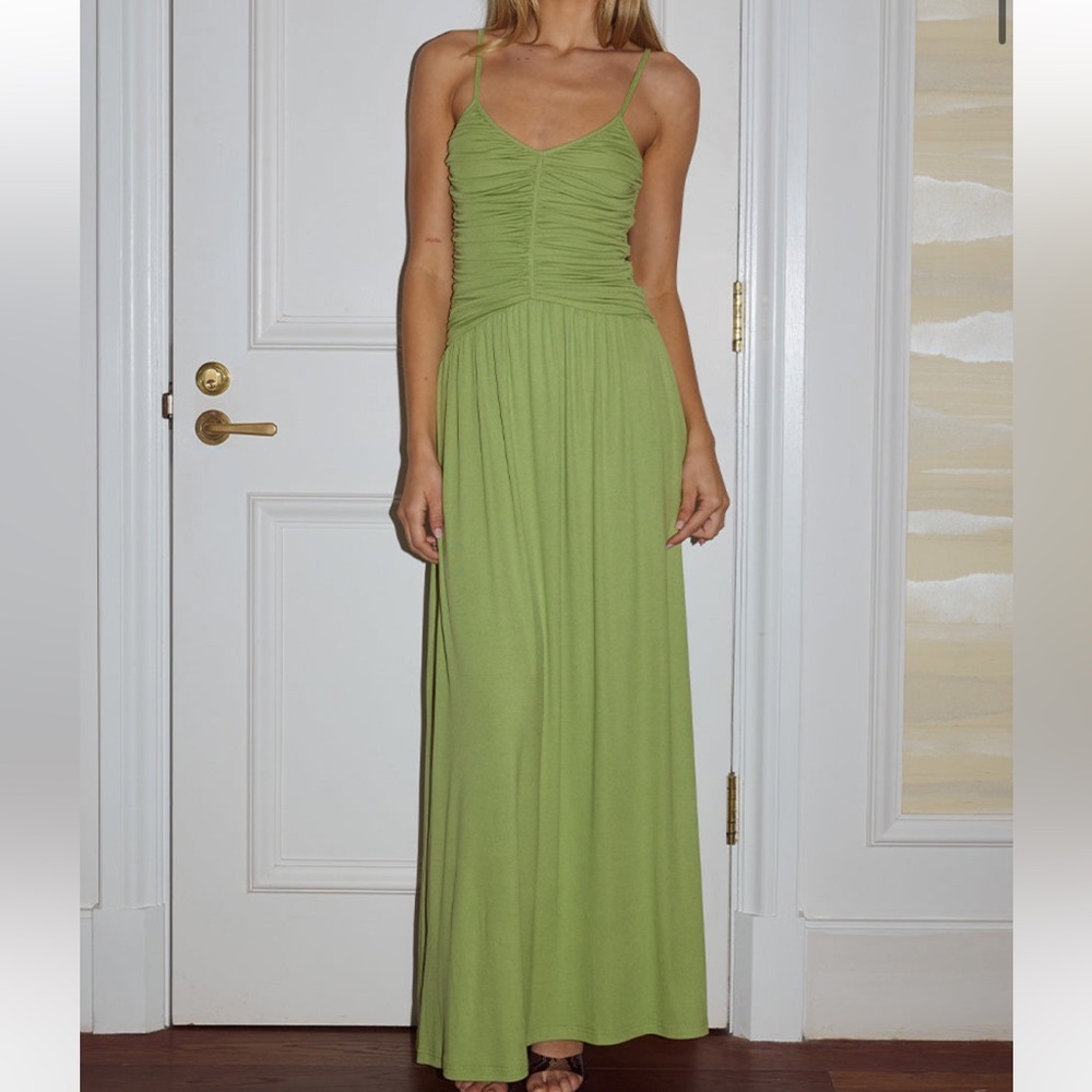 Green Ruched Spaghetti Strap Maxi Dress